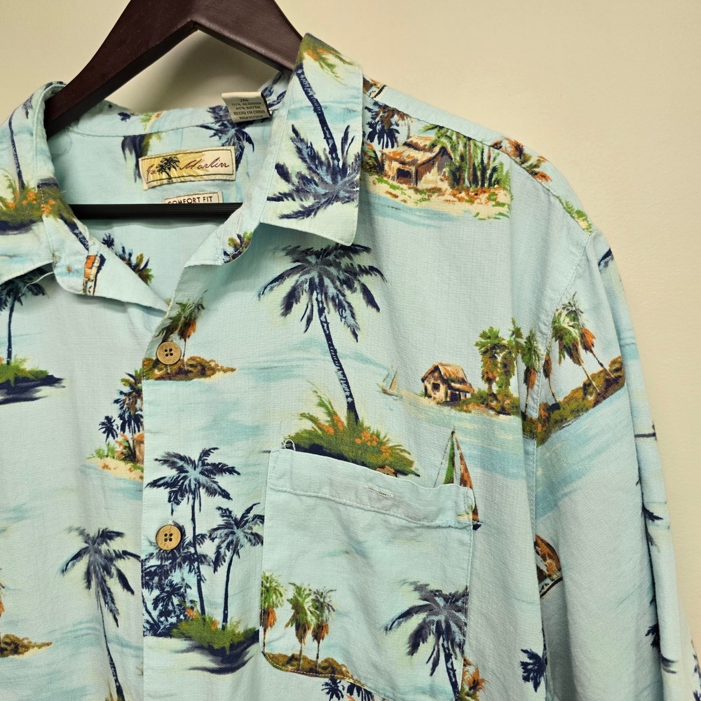 Joe Marlin Tropical Island Shirt Mens XXL Blue Palm Tree Rayon Blend Beachy Boho - Picture 2 of 9